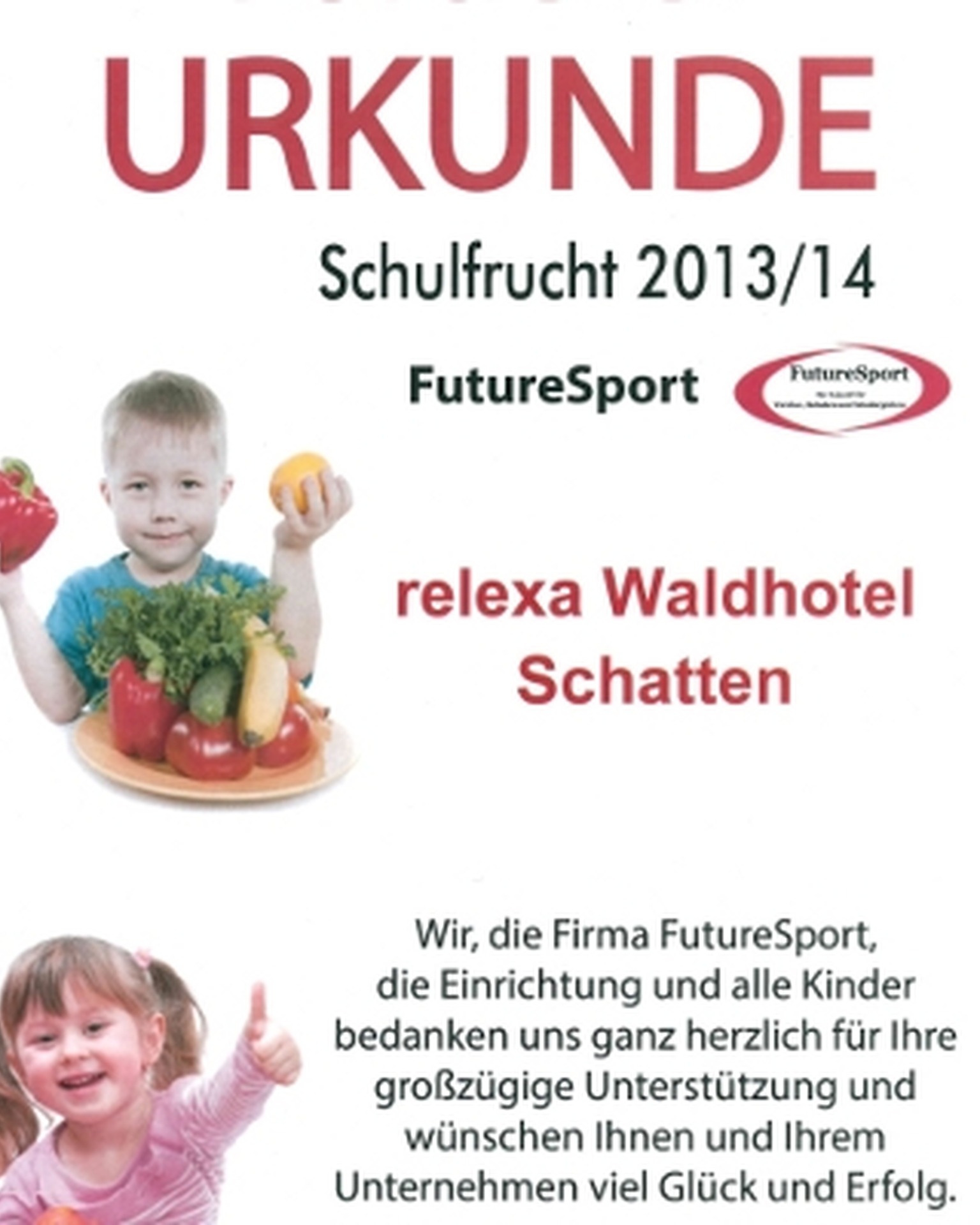 Das 4* relexa Waldhotel Schatten Stuttgart unterstützt das Schulfrucht- Projekt.