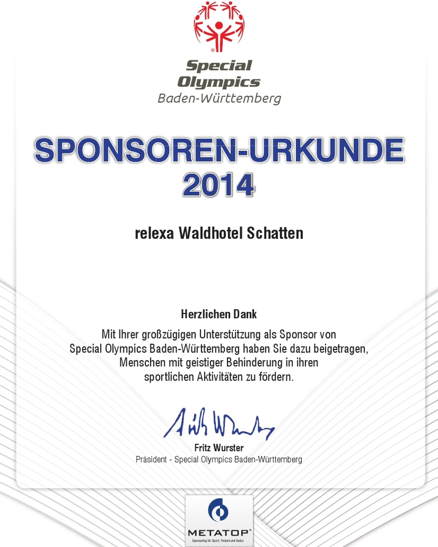 Sponsorenurkunde des Special Olympics Baden- Württemberg e.V. 